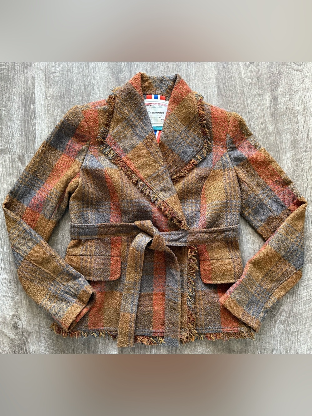 Anthropologie Cartonnier Tweed Plaid Blazer Jacket Orange Brown Sz 6